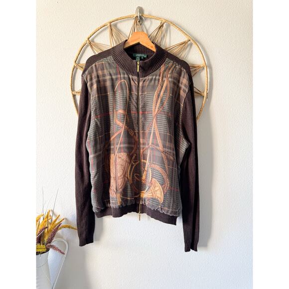 Vtg Ralph Lauren Brown Cashmere Silk Zip Cardigan Sweater Equestrian Plaid 3X - Picture 1 of 12
